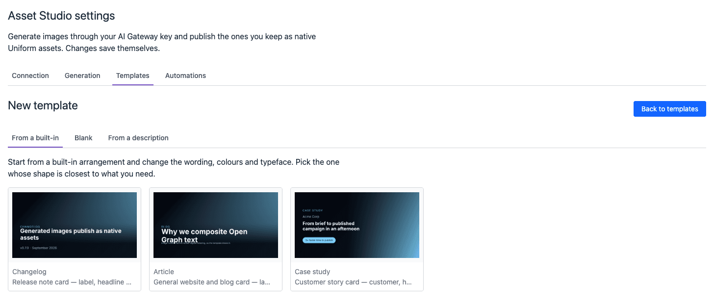 The New template page with the tabs From a built-in, Blank, and From a description. From a built-in is selected and shows the Changelog, Article, and Case study templates.