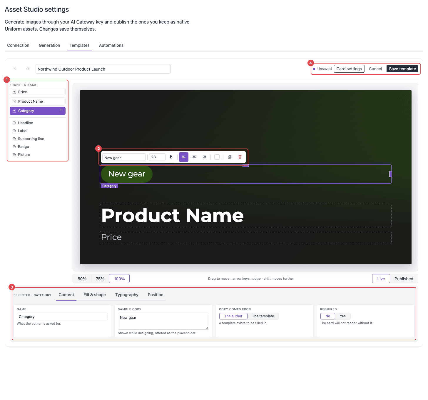 The template editor with the template Northwind Outdoor Product Launch. Four red numbered outlines mark the Front to back layer list with the presets below it (1), the toolbar above the selected Category node (2), the settings of the selected node with the Content, Fill and shape, Typography, and Position tabs (3), and the Unsaved state with the Card settings, Cancel, and Save template buttons (4).