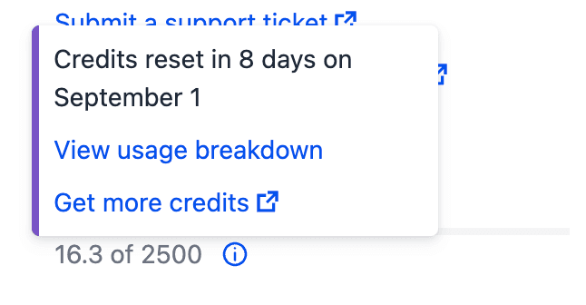 Credits popover showing days until reset, View usage breakdown, and Get more credits.