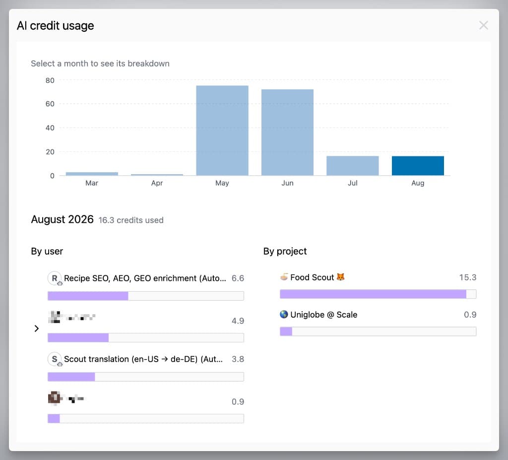 AI credit usage dialog with a monthly chart and breakdowns by user and by project.