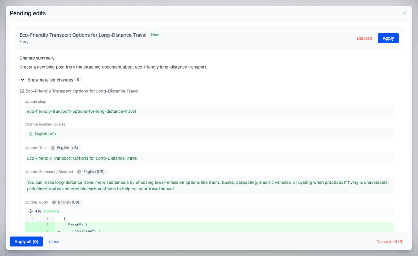 Pending edits dialog showing a new entry with a change summary, an expandable detailed changes section, and Apply and Discard controls