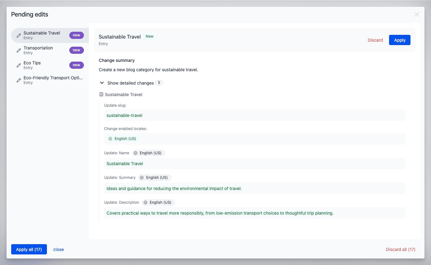 Pending edits dialog with a left sidebar listing four entries marked new and the right panel showing the change summary and detailed changes for the selected Sustainable Travel entry