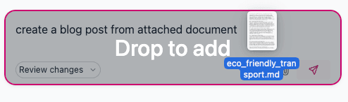 Prompt box highlighted with a Drop to add overlay while a markdown file is being dragged onto it