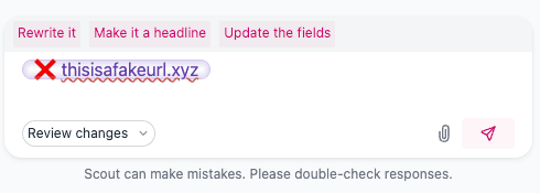 Prompt box with a URL chip showing a red X icon, indicating the page could not be fetched