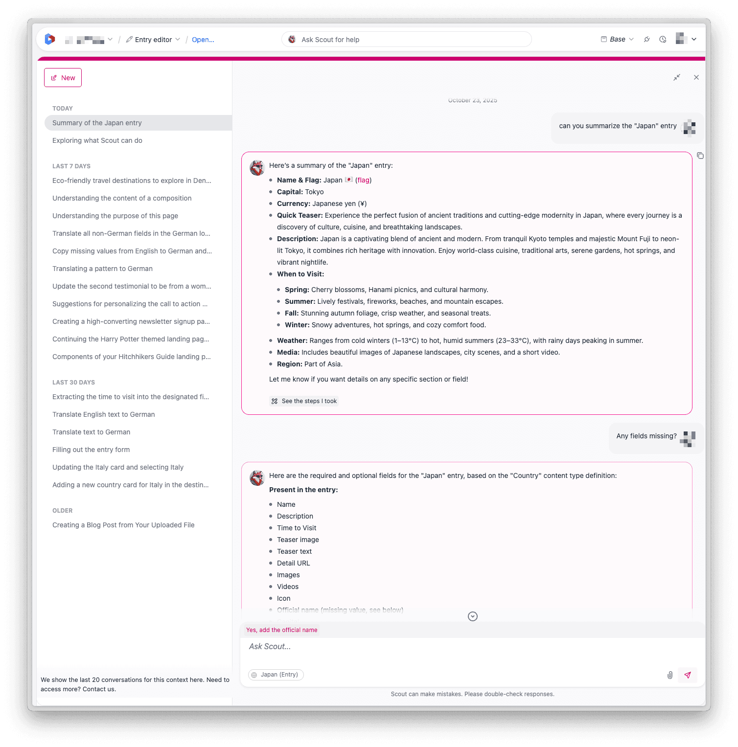 Scout chat interface in full screen mode