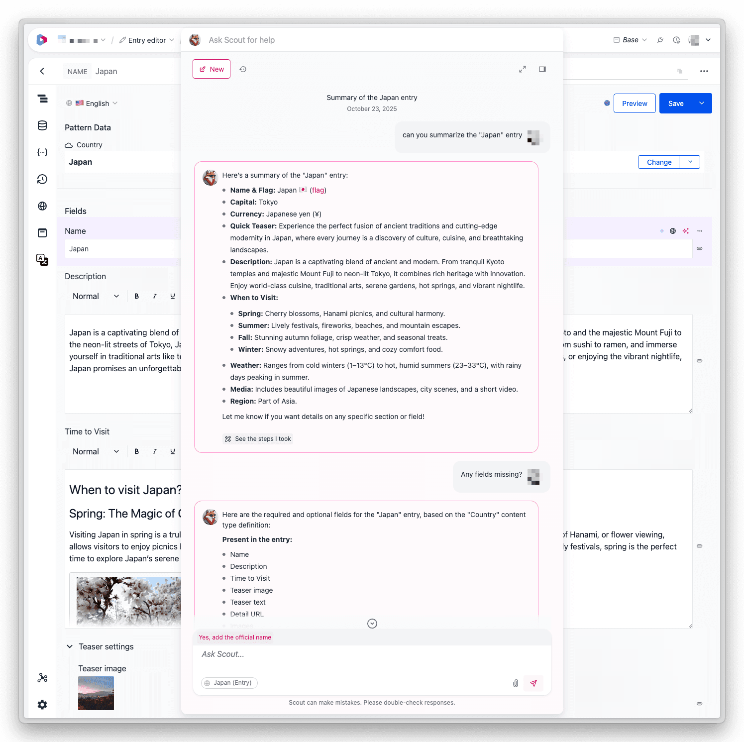 Scout chat interface in overlay mode