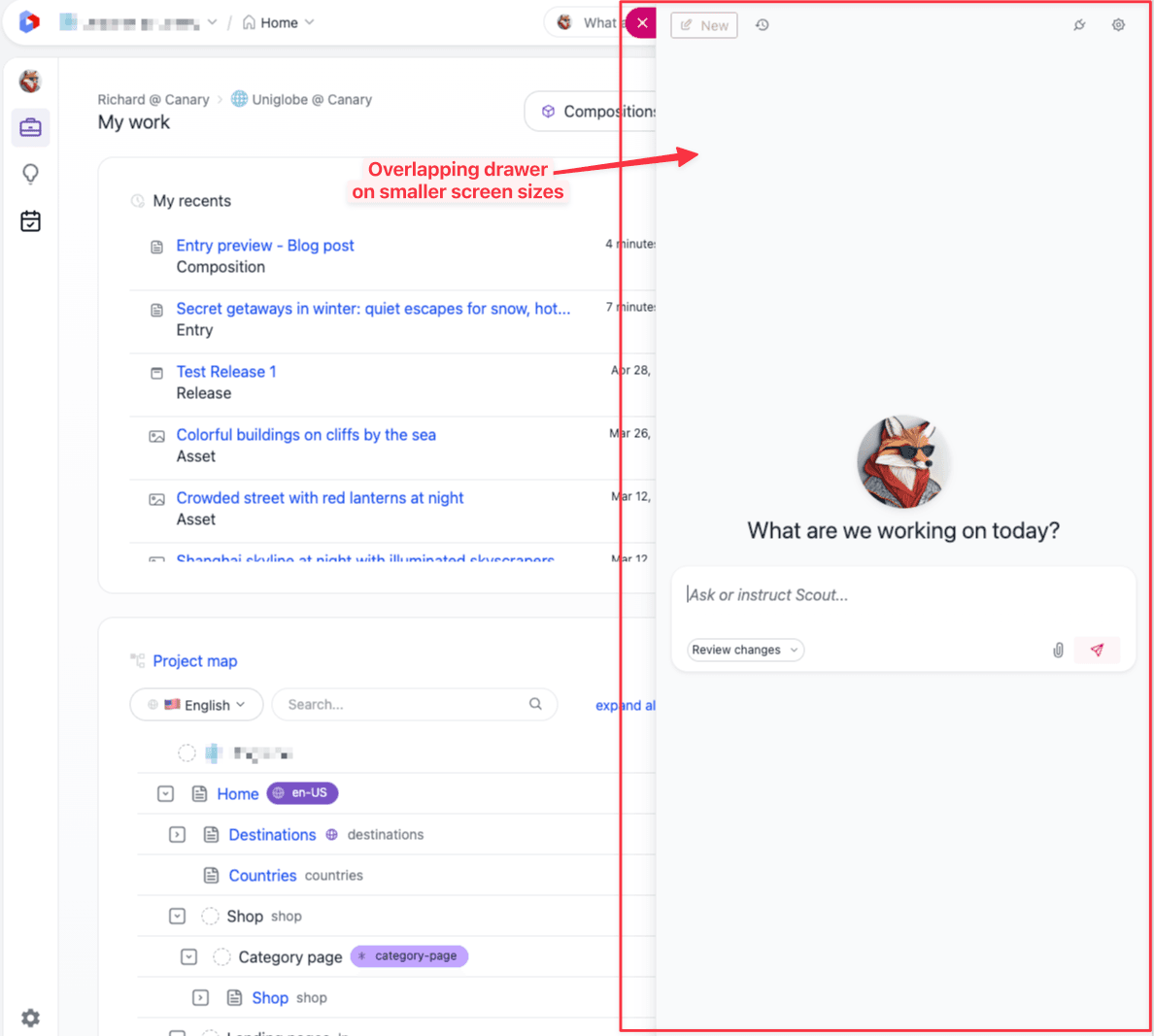 Scout sidebar shown as an overlapping drawer on a smaller viewport