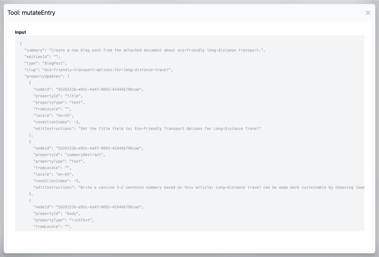Activity inspector modal titled Tool mutateEntry showing the raw JSON input payload for a Scout tool call