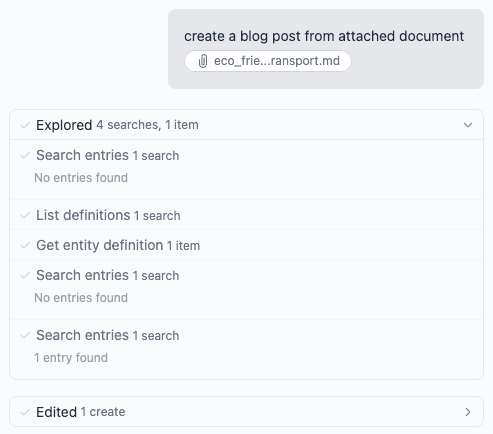 Two activity rows in a Scout thread: an expanded Explored row listing four searches and one item, and a collapsed Edited row showing one create