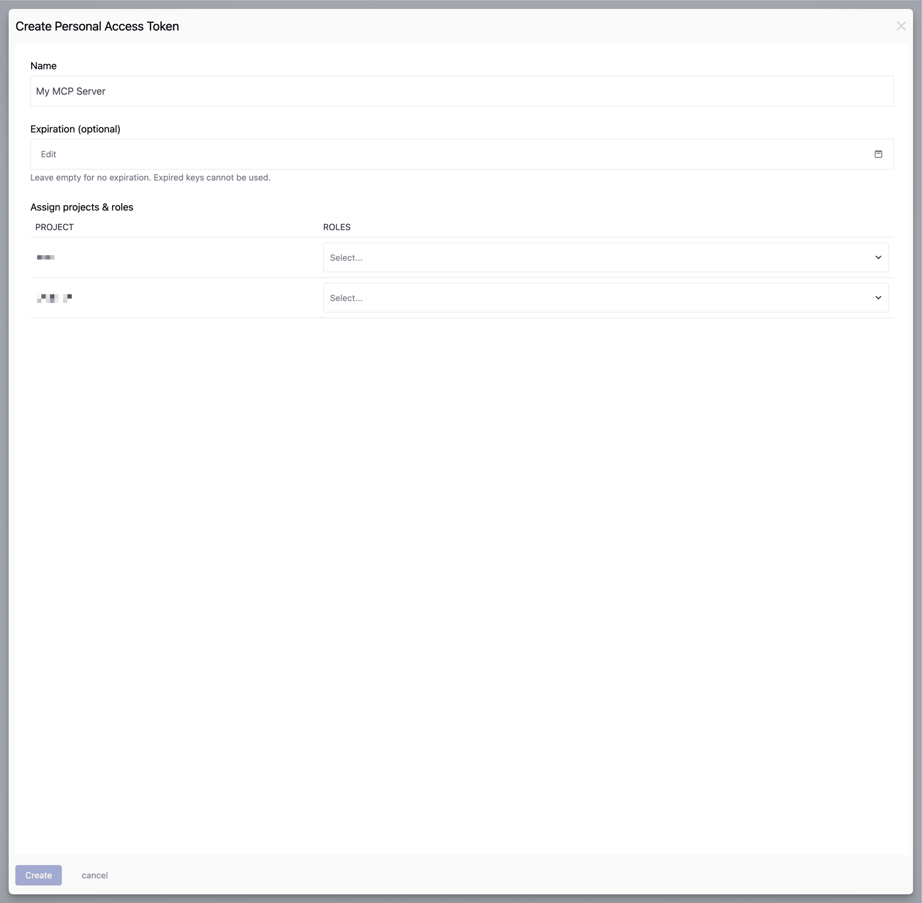 Creating a personal access token with a name, optional expiration, and project roles