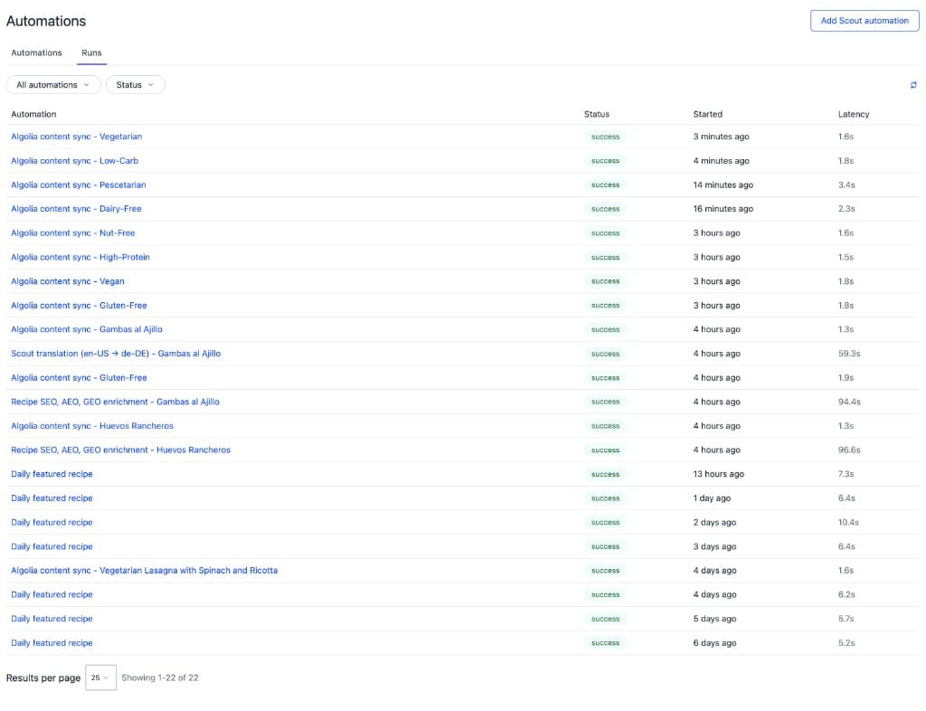 Automation runs list showing successful runs with start time and latency.