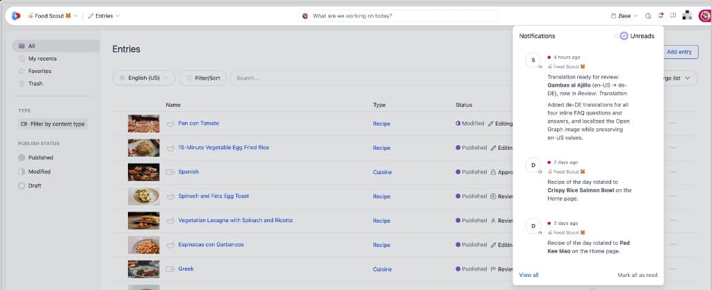 Notifications popover in the dashboard header showing unread automation notifications.
