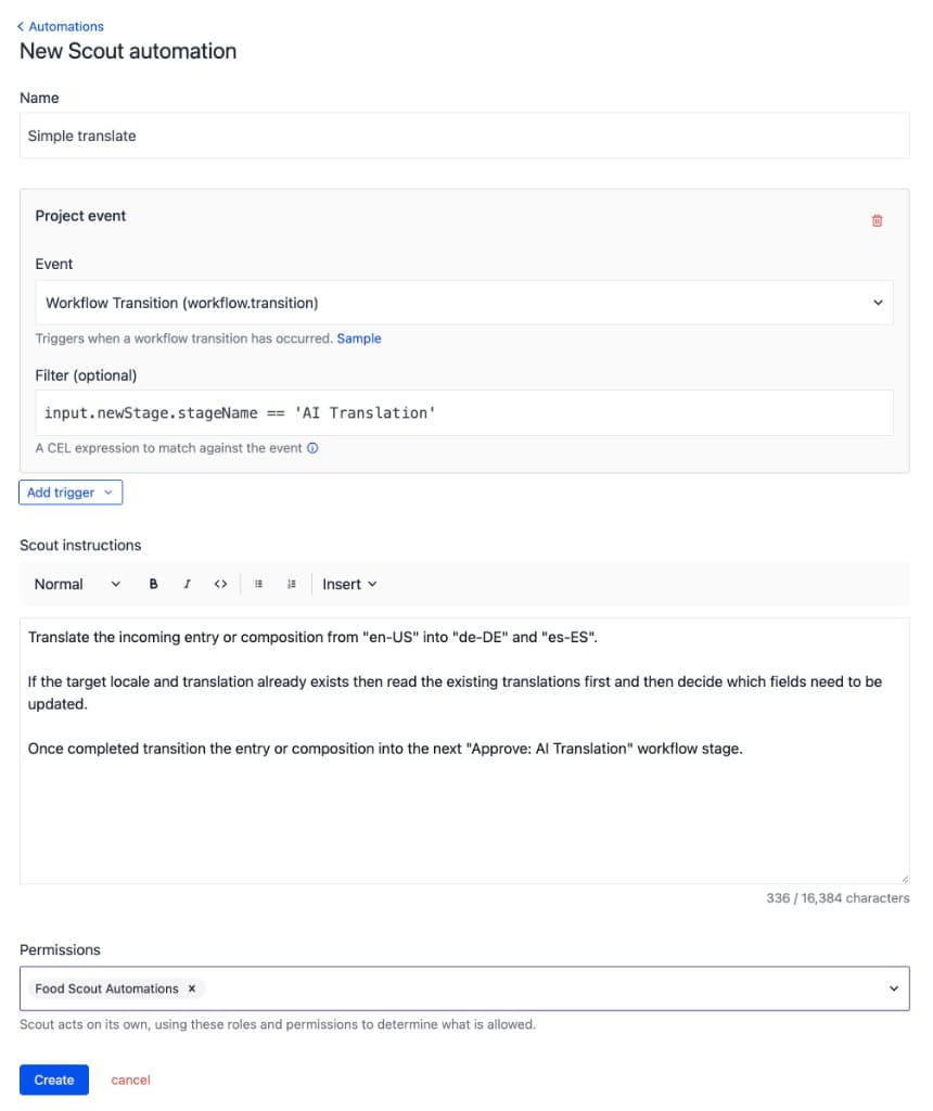 New Scout automation form with a workflow.transition trigger, CEL filter, instructions, and permissions.