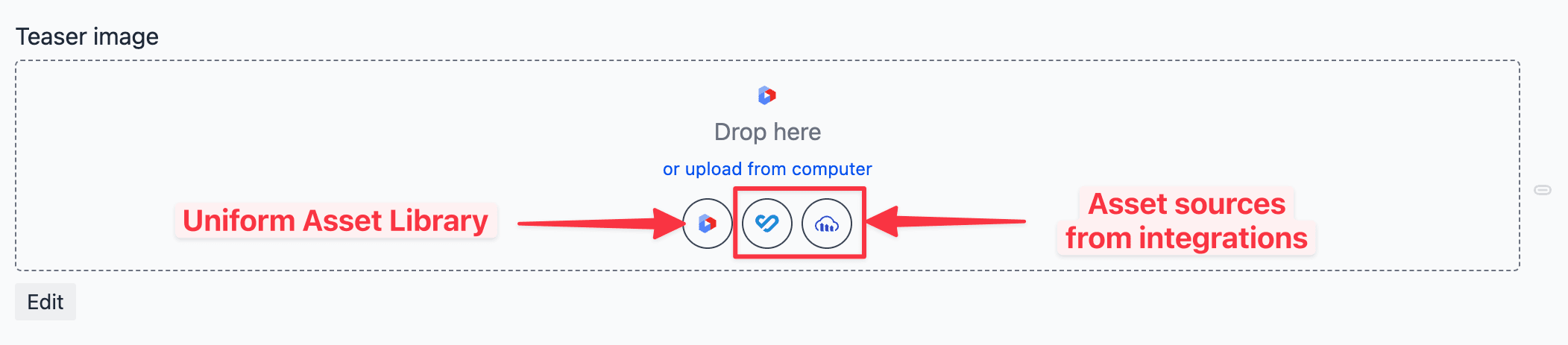 Empty asset parameter with drop zone and asset source icons.