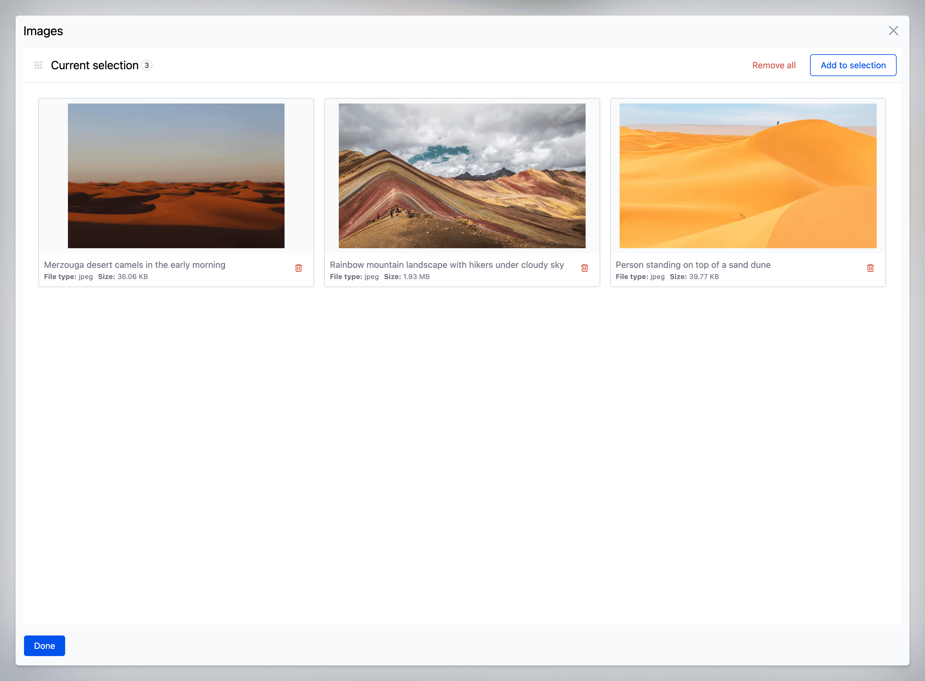 Asset selector modal on the Current selection step, showing three selected images in a grid with Remove all and Add to selection actions in the header.