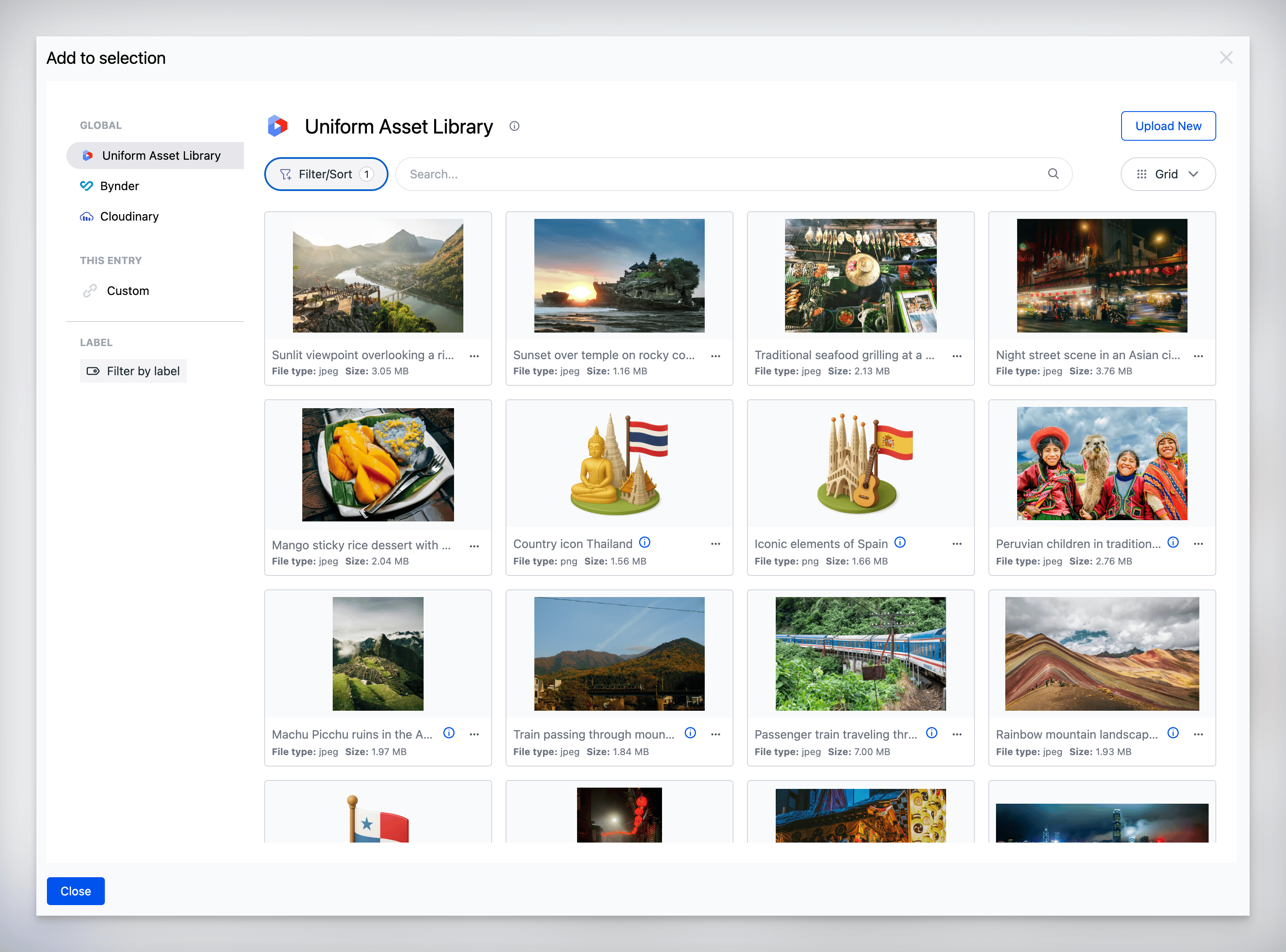 Asset selector modal on the Add to selection step, showing the source sidebar on the left and a grid of assets from the Uniform Asset Library on the right.
