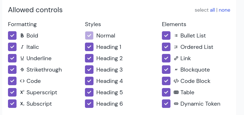 Formatting options are bold, italic, underline, strike through, code, superscript, and subscript. Style options are normal and headings 1 through 6. Elements available include bulleted lists, ordered lists, links, block quotes, code blocks and dynamic tokens.