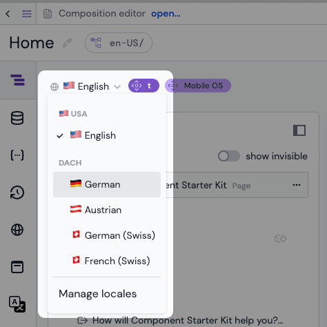 The drop down menu to select a locale.