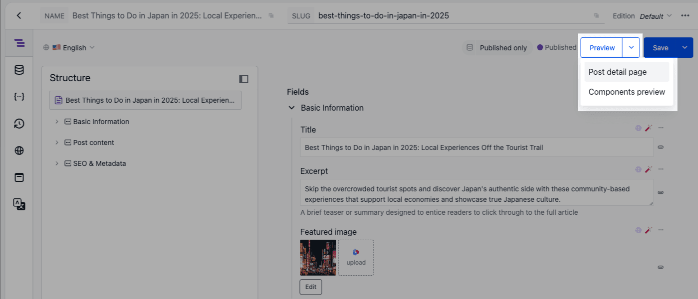 The entry editor with the preview dropdown open.
