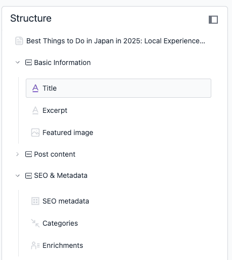 The structure panel of an blog post entry.
