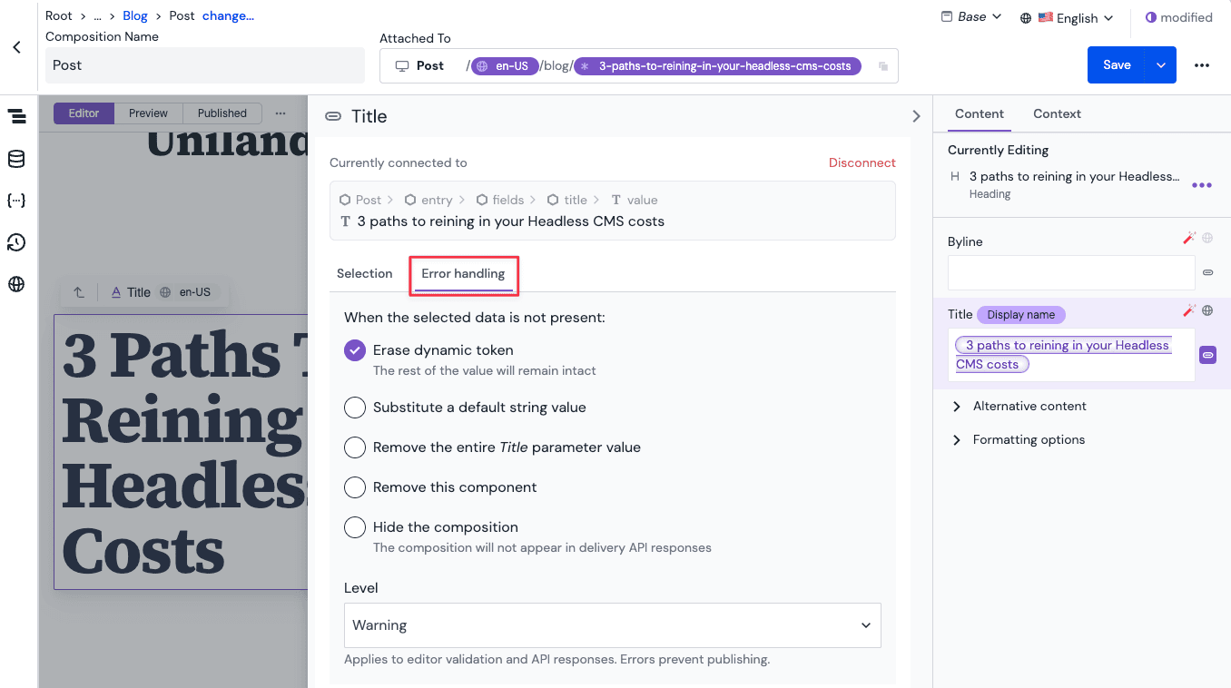 Error handling options for dynamic tokens