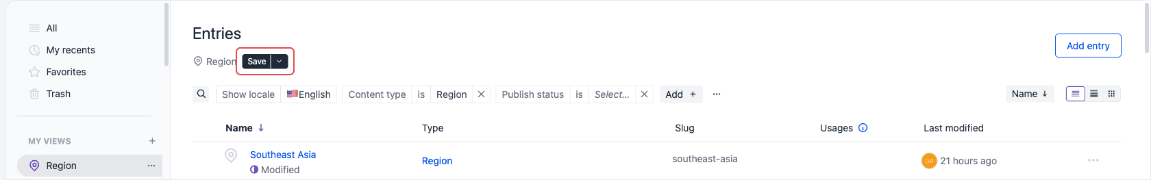 The Entries listing subhead showing the Region view's icon and name next to a filled Save button, outlined in red, with the sort set to Name.