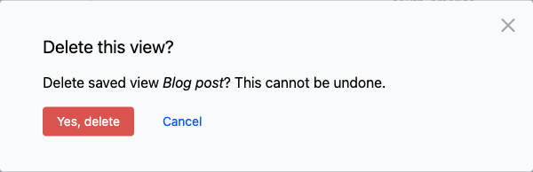 A confirmation dialog titled Delete this view? reading Delete saved view Blog post? This cannot be undone, with Yes, delete and Cancel buttons.