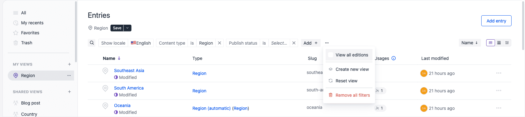 The More filter actions menu on the Entries listing showing View all editions, Create new view, Reset view, and Remove all filters.