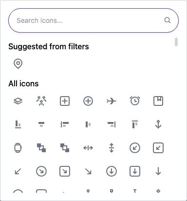 The view icon picker showing a search field, a Suggested from filters group with one icon, and an All icons grid below it.