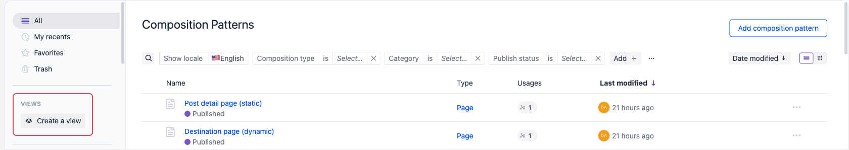 The Composition patterns listing with a Views group in the sidebar, outlined in red, containing a single Create a view button.