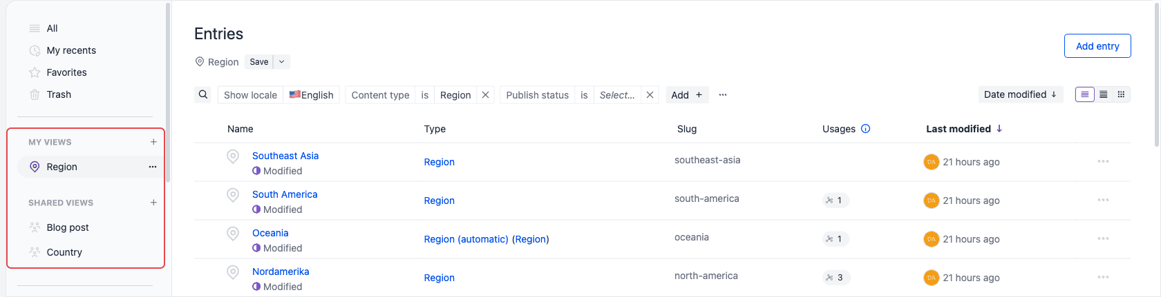 The Entries listing sidebar showing All, My recents, Favorites and Trash, then a red outline around a My Views group containing Region and a Shared Views group containing Blog post and Country. Region is selected.