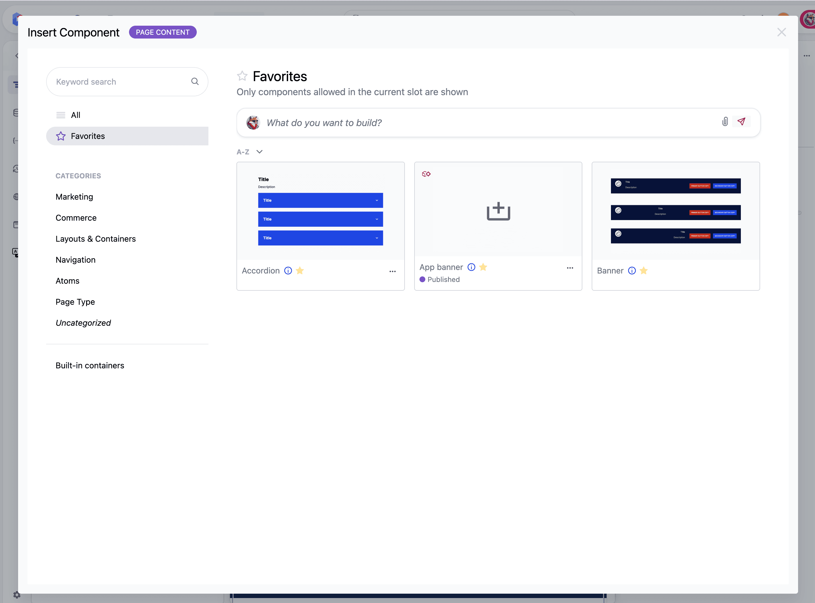 The Insert Component dialog with the Favorites view selected, showing favorited components.