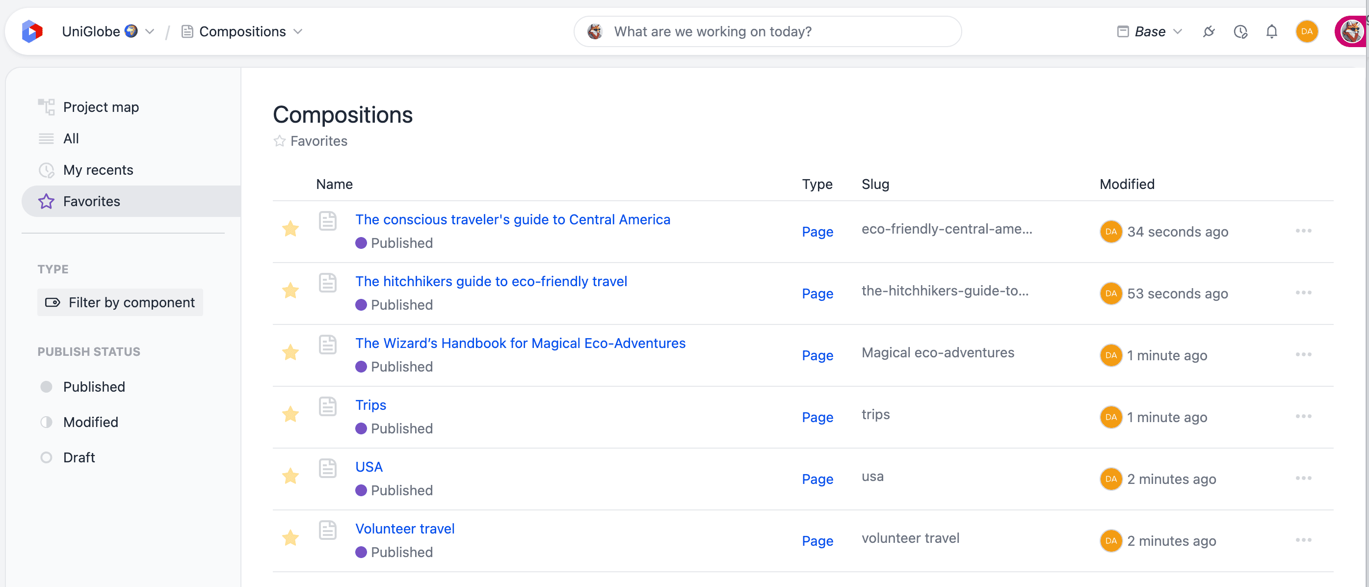 The Compositions listing with the Favorites view selected in the sidebar, listing favorited compositions with filled stars.