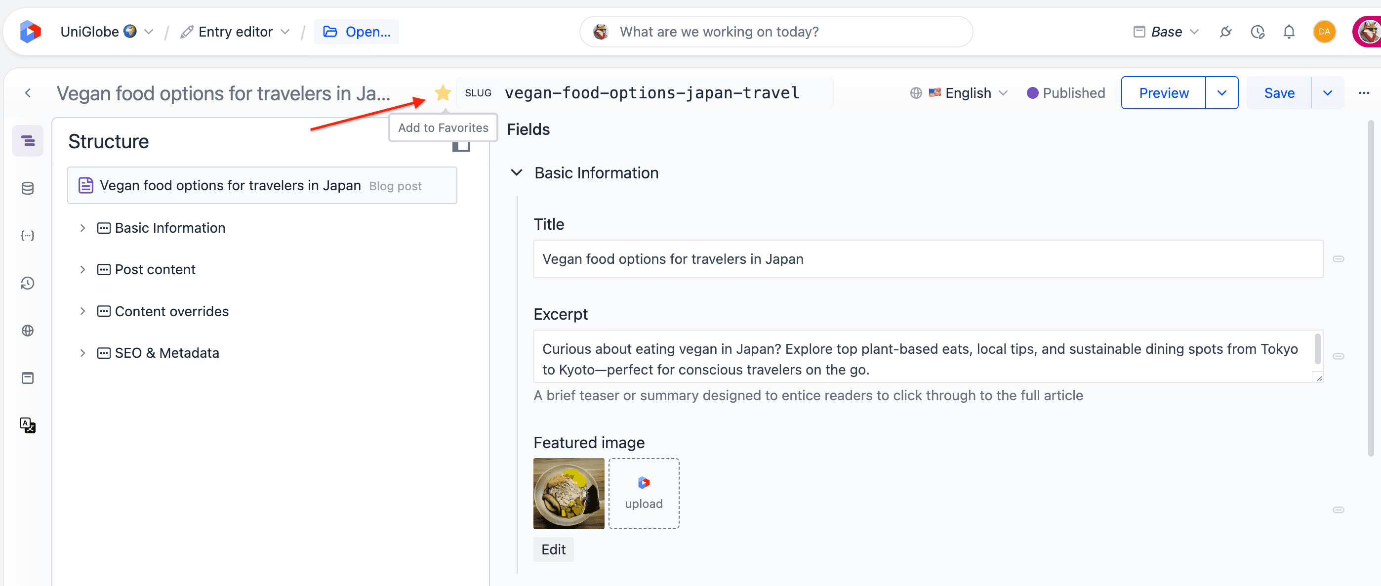The entry editor header with a star next to the entry name showing an 'Add to Favorites' tooltip.