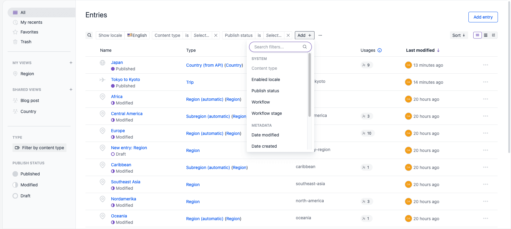 The Add filter menu open on the entries listing, with a Search filters field, a System group whose Content type option is disabled because it is already on the bar, and a Metadata group.