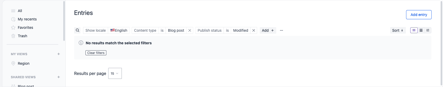The entries listing with no results, showing the message No results match the selected filters and a Clear filters button under the search and filter bar.