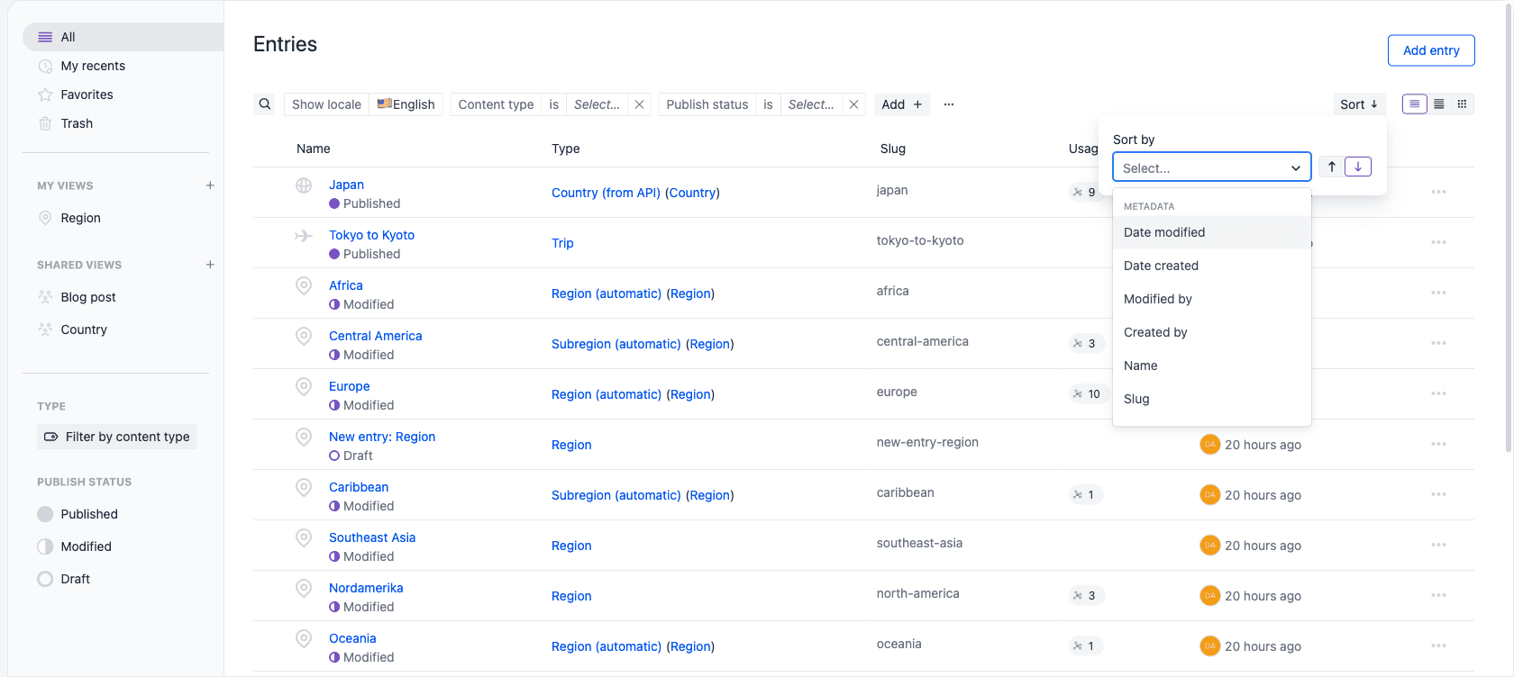 The Sort by popover open on the entries listing, showing a field dropdown listing Date modified, Date created, Modified by, Created by, Name, and Slug, alongside ascending and descending buttons.