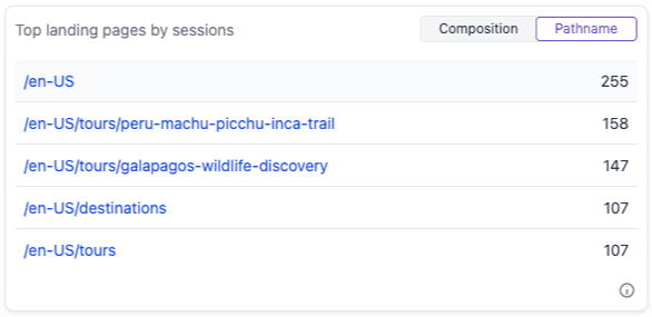 The same widget grouped by pathname, listing the literal URLs visitors landed on.