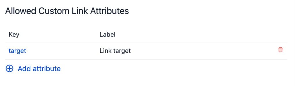 Allowed custom link attributes list showing the target attribute with the label Link target.