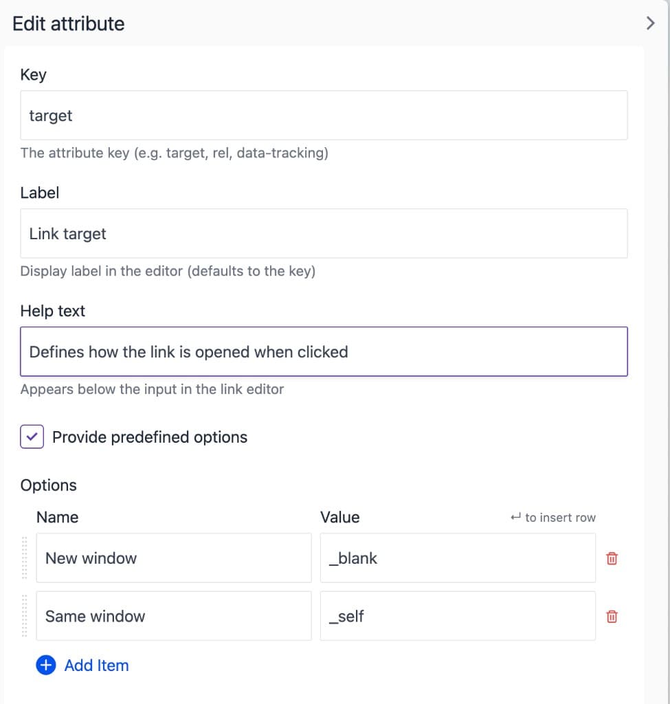 EConfiguring a target attribute with predefined link target options.