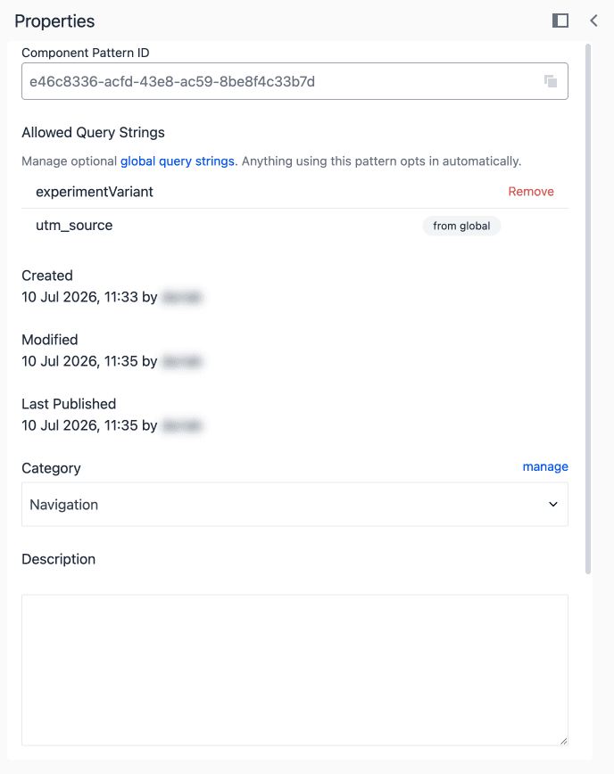 The Properties panel of a component pattern, with experimentVariant added as an opt-in and utm_source shown with a from global chip.