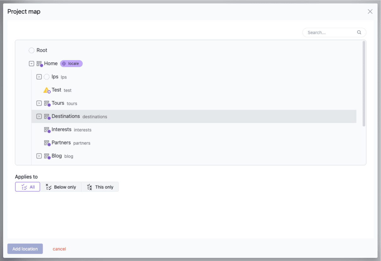 Selecting a project map node as a location, with the Applies to options that control how far the permission extends.