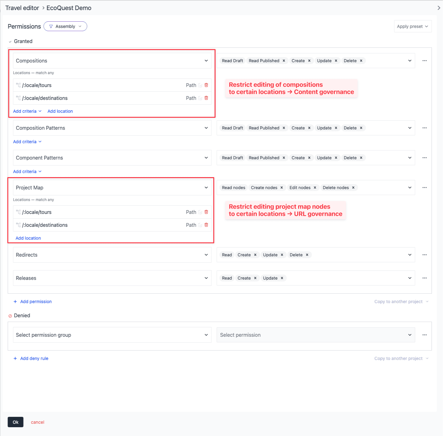 A project policy with composition and project map permissions each scoped to specific project map locations.