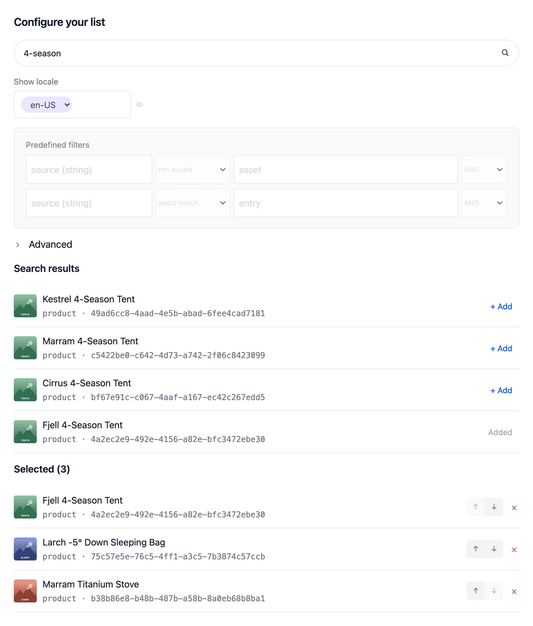 A Curated List data resource with the search word 4-season. The Search results list has + Add buttons next to each document and Added next to one that is already selected. The Selected (3) list below has move up, move down and remove buttons for each document.