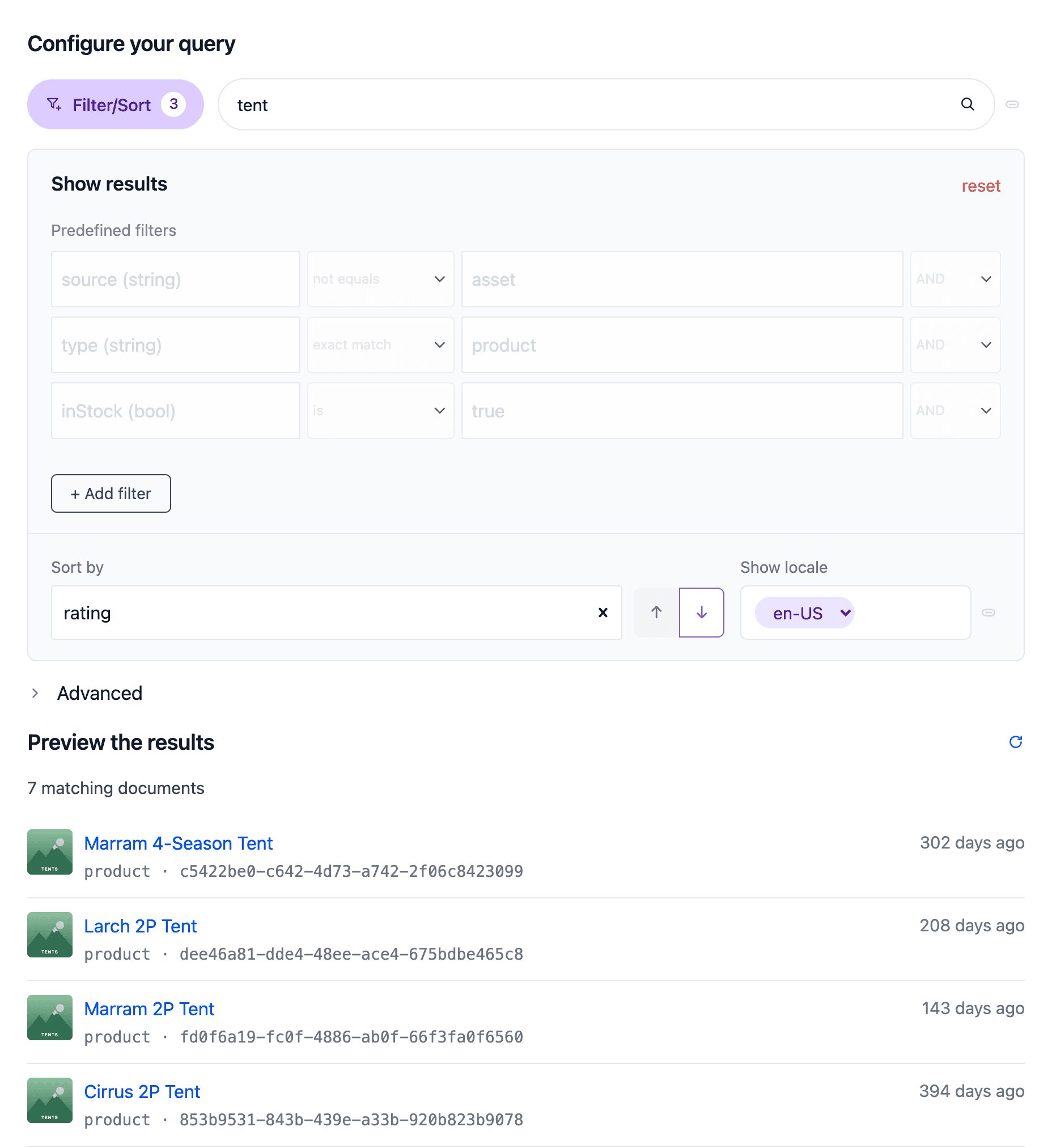 A Search Query data resource with the search word tent and the Filter/Sort panel open. The predefined filters include type exact match product, Sort by is rating descending, and Preview the results shows 7 matching documents.