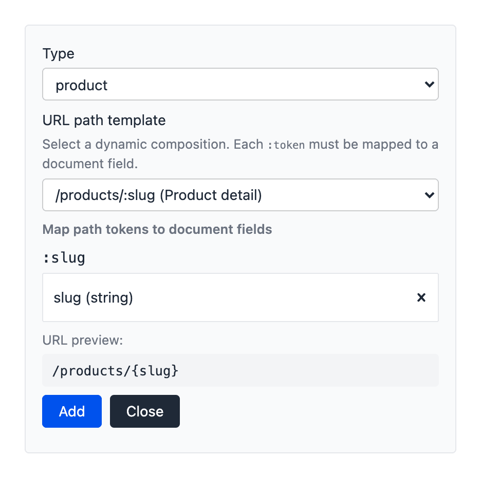 The new mapping form of the Entry Url Mapping editor with Type product, URL path template /products/:slug (Product detail), the :slug token mapped to the slug field, and the URL preview /products/{slug}.