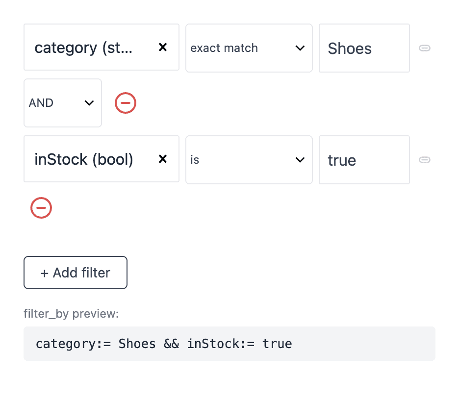 The Filter By Builder with 2 conditions joined by AND: category exact match Shoes, and inStock is true. The filter_by preview shows category:= Shoes && inStock:= true.