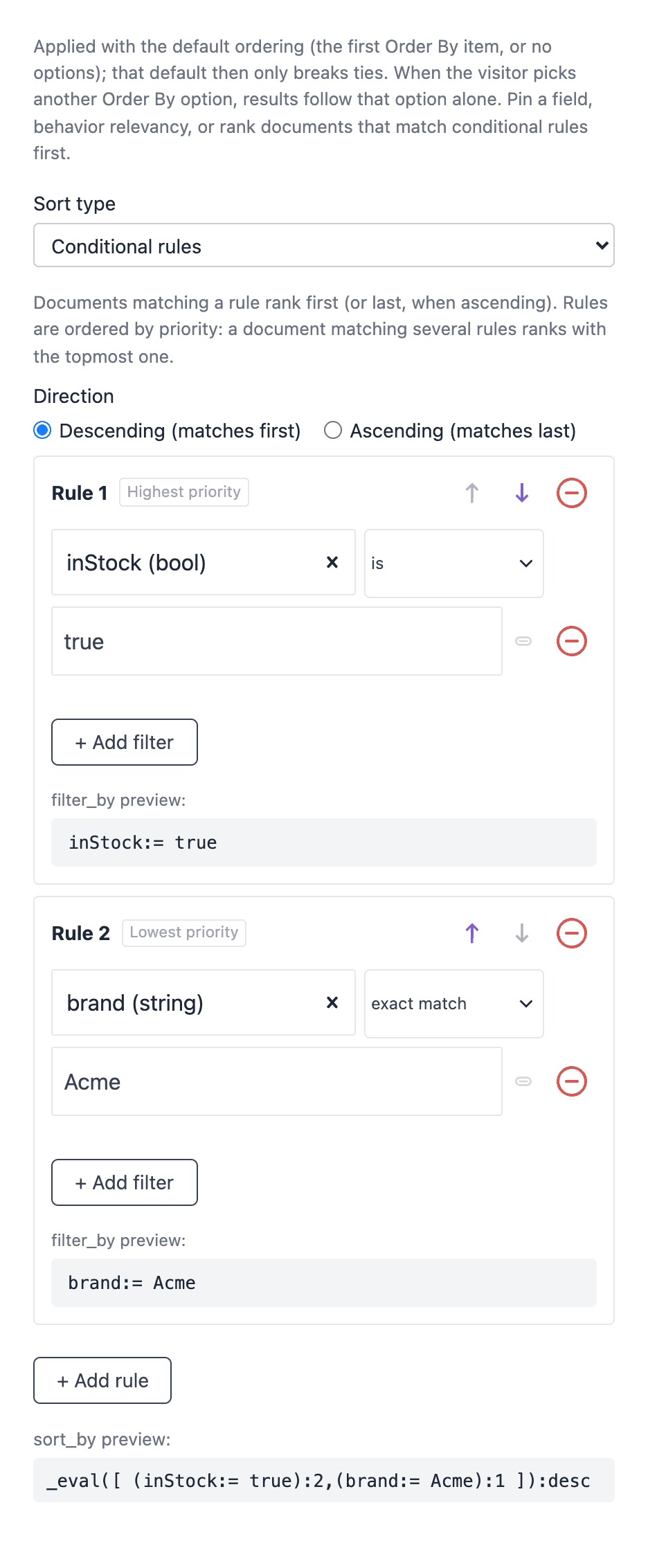 The Predefined Sort editor with Sort type Conditional rules and Direction Descending (matches first). Rule 1, the highest priority, is inStock is true. Rule 2, the lowest priority, is brand exact match Acme.