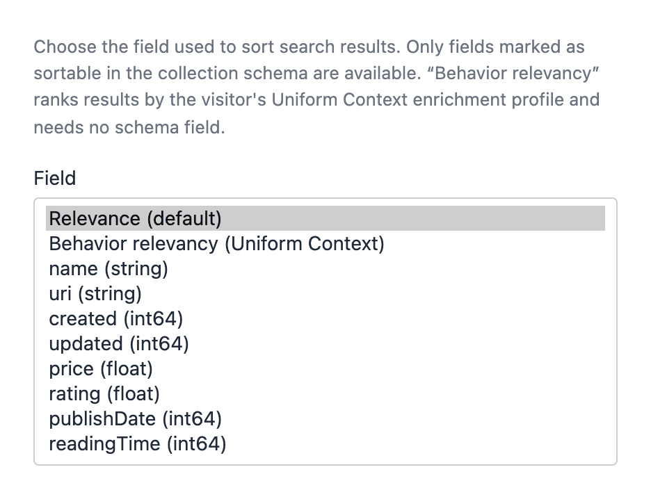 The Sort By Field editor with the Field list open. Relevance (default) and Behavior relevancy (Uniform Context) are at the top, followed by the sortable fields such as name, price, rating and publishDate.