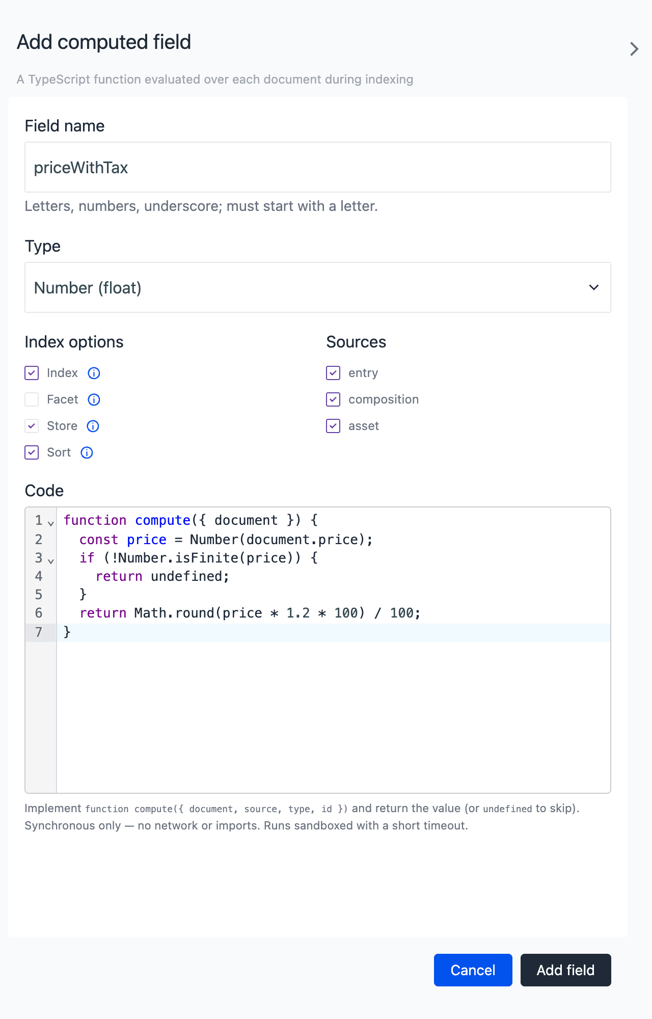 The Add computed field drawer with Field name priceWithTax, Type Number (float), the Index, Store and Sort options selected, the entry, composition and asset sources selected, and a code editor with the compute function that adds 20% tax to the price.